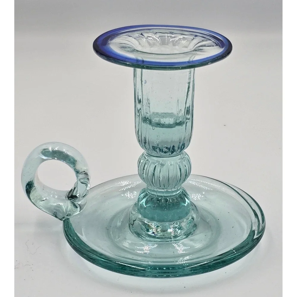 Vintage Rare Vetreria Etrusca Green Glass Chamberstick Taper Holder Blue Rim‎
